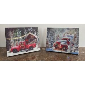 2 Celebrate Life Gallery LED Lighted Canvas Print Red Truck Snowy Forest Holiday